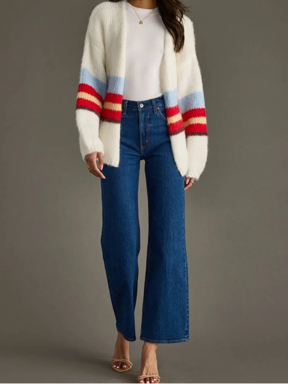 Cozy Striped Open Cardigan - Cream with Red & Blue Accents